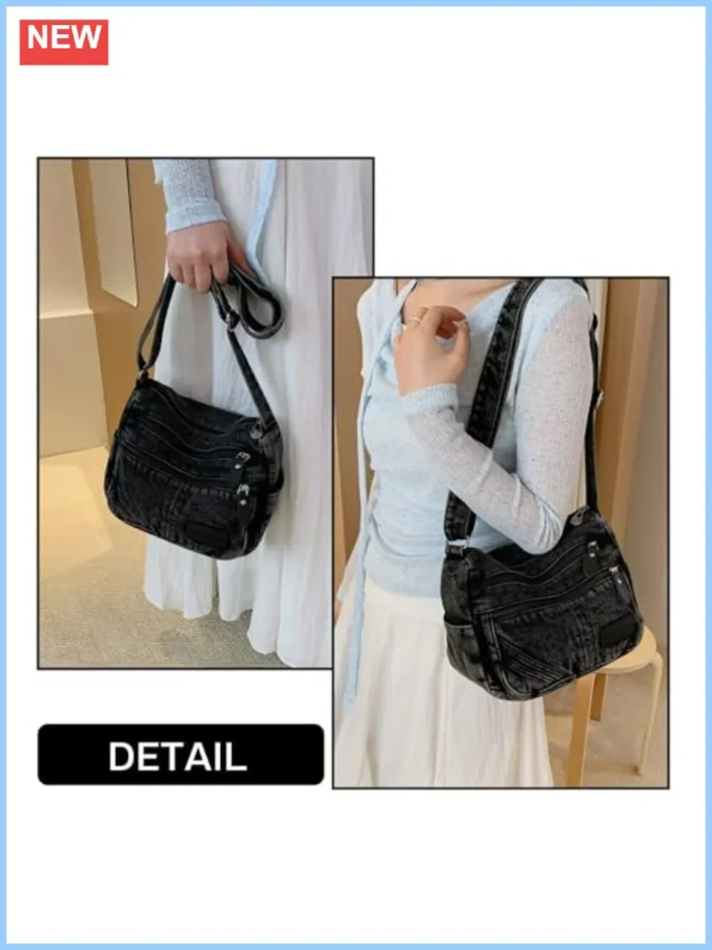 Y2K Vintage Textured Washed Denim Crossbody Hobo Bag Purse
